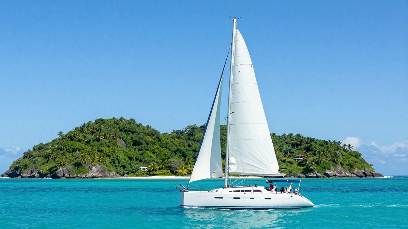 Sailboat on turquoise water near tropical islands.