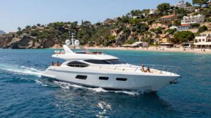 Luxury yacht sailing on clear blue Ibiza waters.