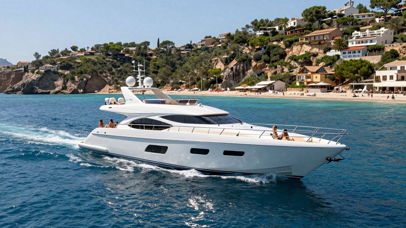Luxury yacht sailing on clear blue Ibiza waters.