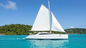 Catamaran sailing in the BVI waters.
