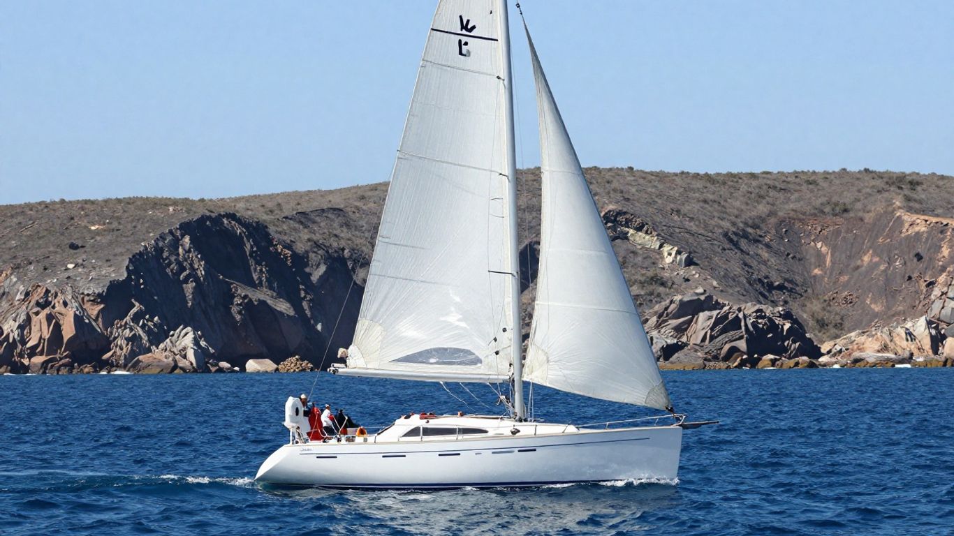 Sailboat on azure waters near La Paz coastline.