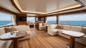 Luxury yacht interior floor plan with ocean views.