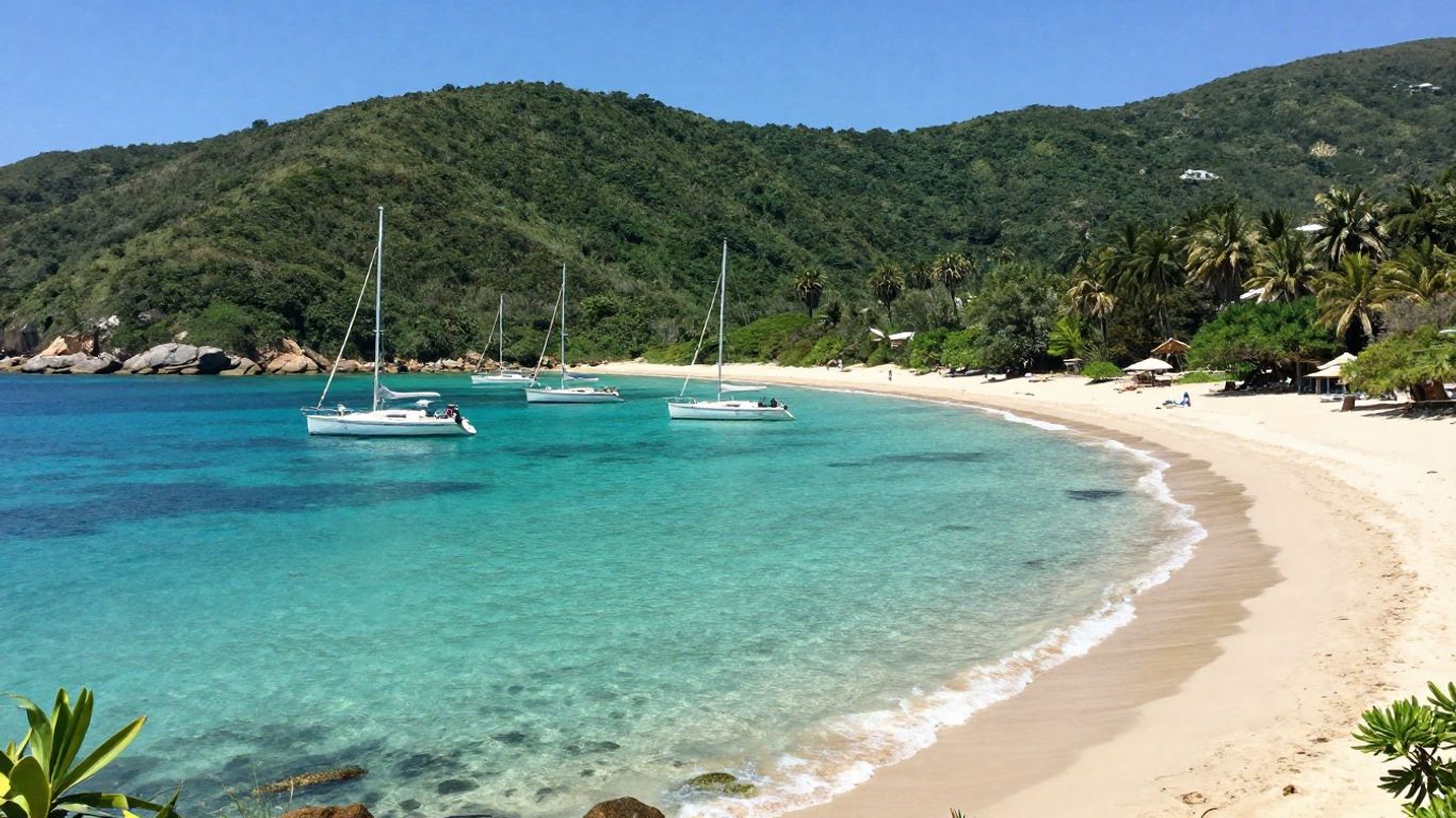 Sailboats anchored in a beautiful, calm bay.