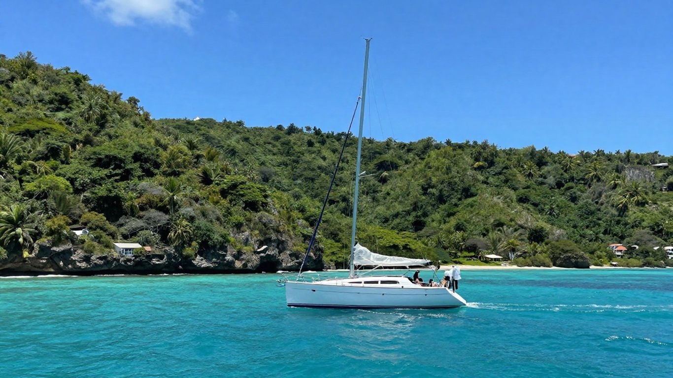 Sailboat on turquoise water near Antigua.