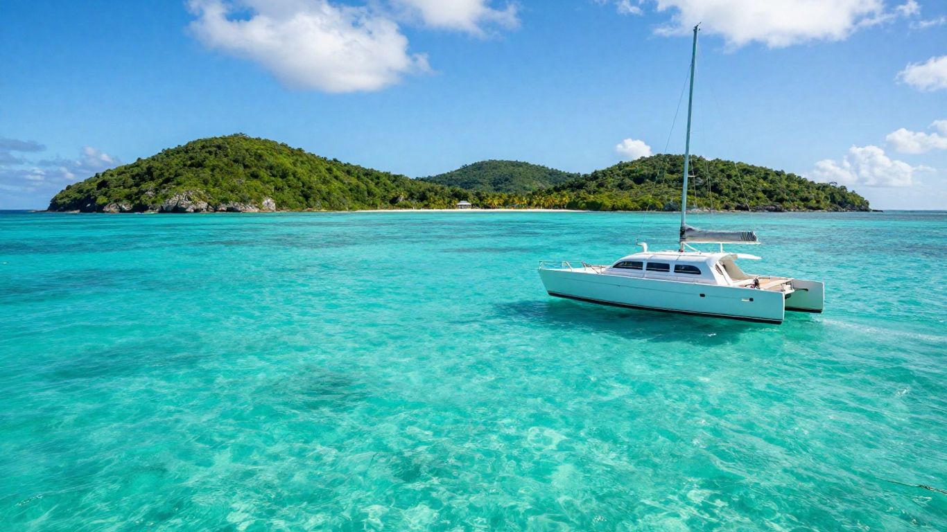 Catamaran sailing in clear Caribbean waters near islands.