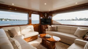 Luxurious yacht interior below deck.