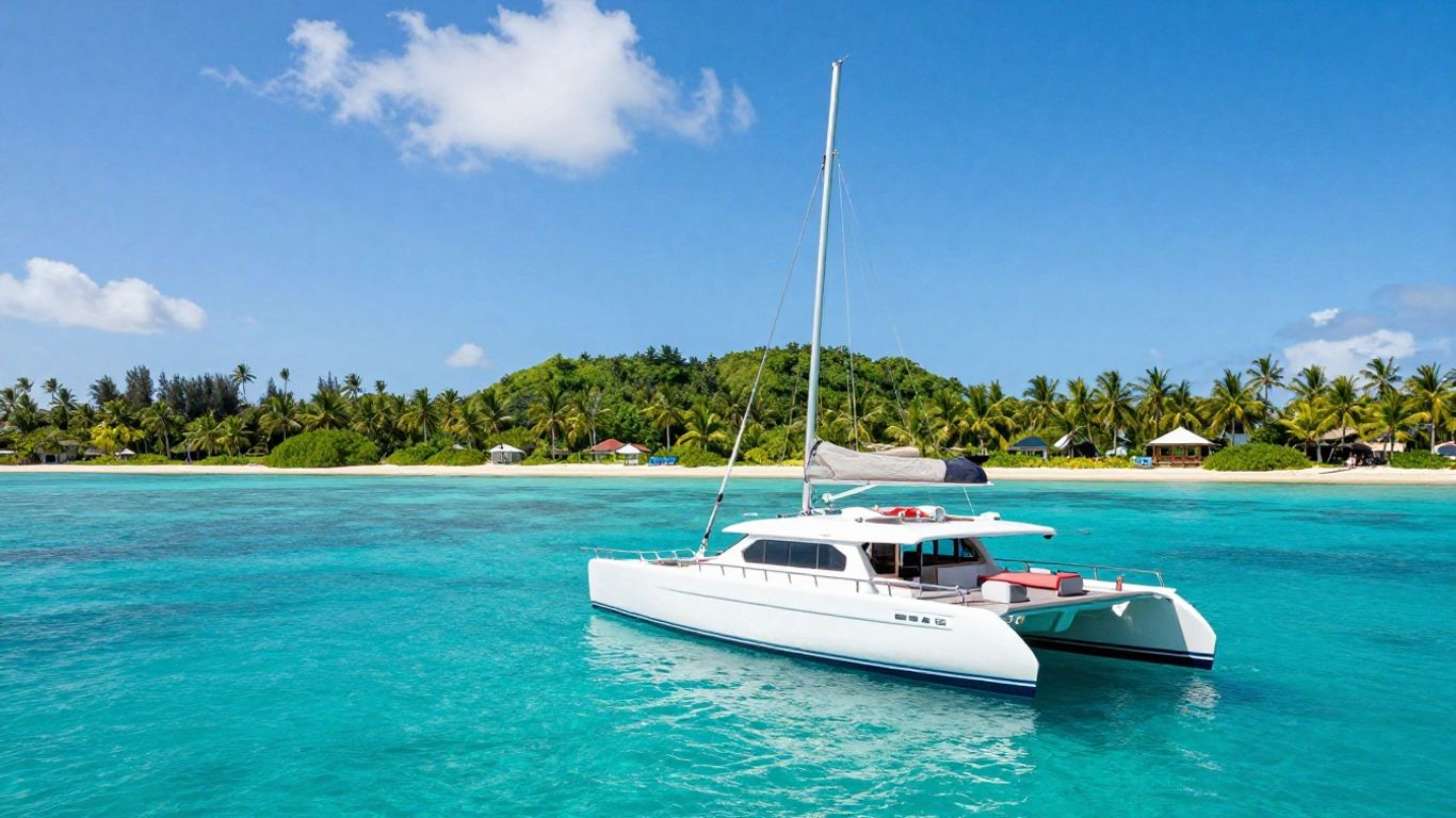 Catamaran sailing in Belize's turquoise waters.