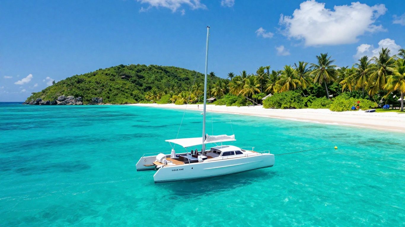 Catamaran sailing in the BVI with islands and beaches.