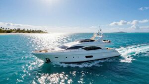 Luxury yacht sailing on a clear turquoise ocean.