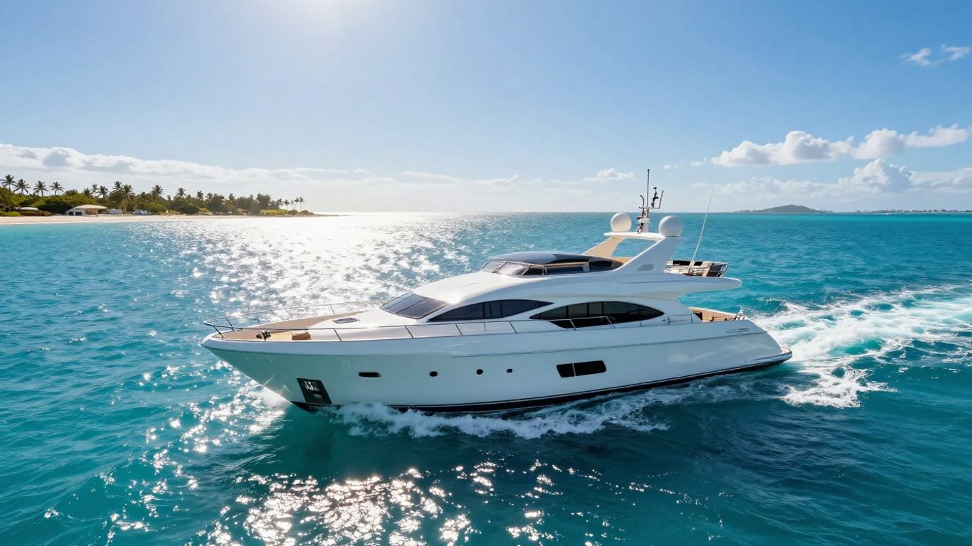 Luxury yacht sailing on a clear turquoise ocean.