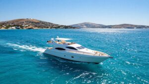 Yacht sailing in the Aegean Sea near Greek islands.