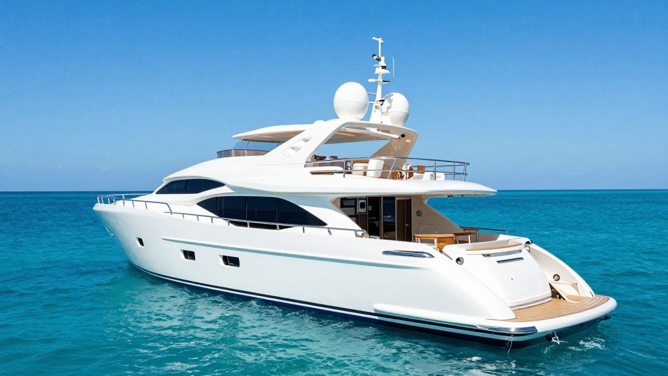 Luxury yacht on a calm, sunny sea.