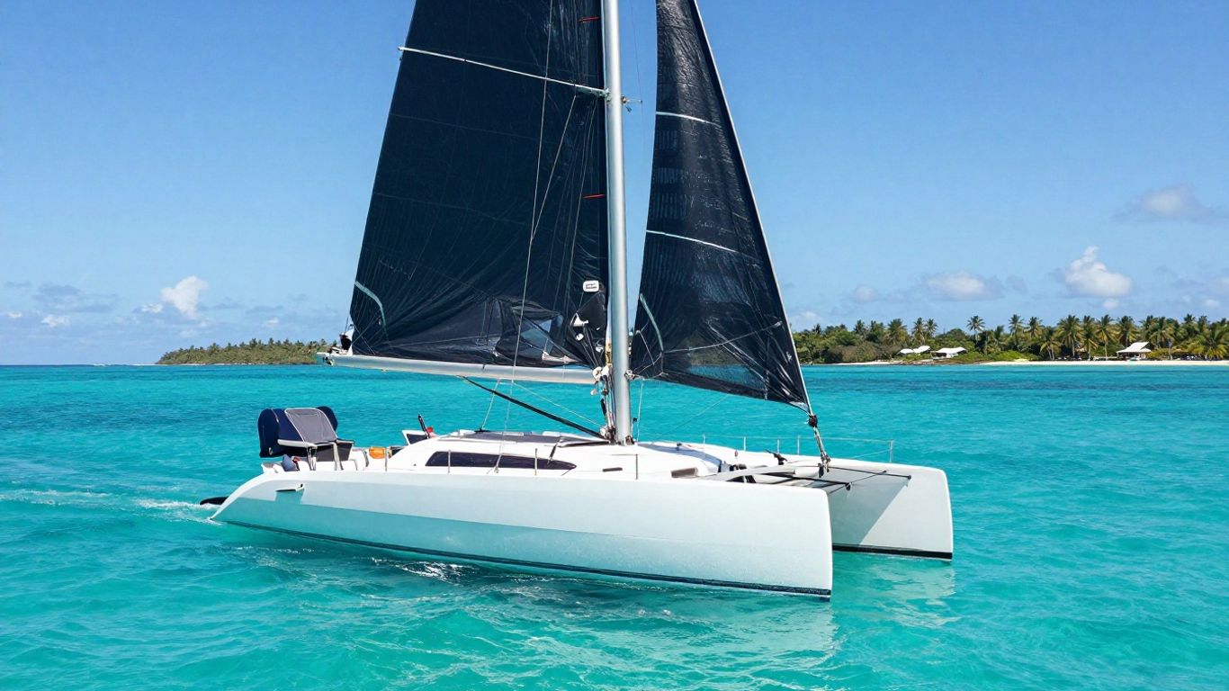 Catamaran sailing on clear blue water near an island.