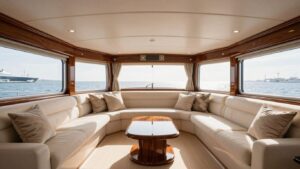 Luxurious yacht interior with plush seating and wood accents.