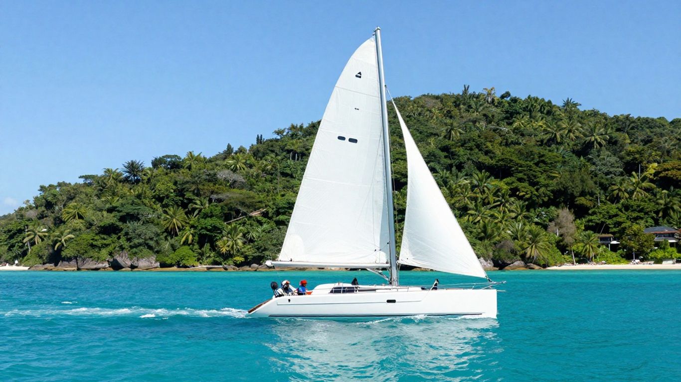 Catamaran sailing on turquoise water near islands.