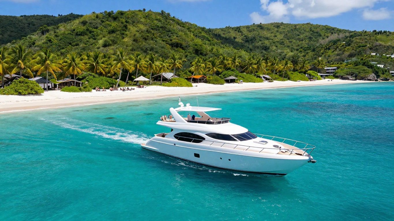 Luxury yacht approaching a tropical Caribbean island paradise.