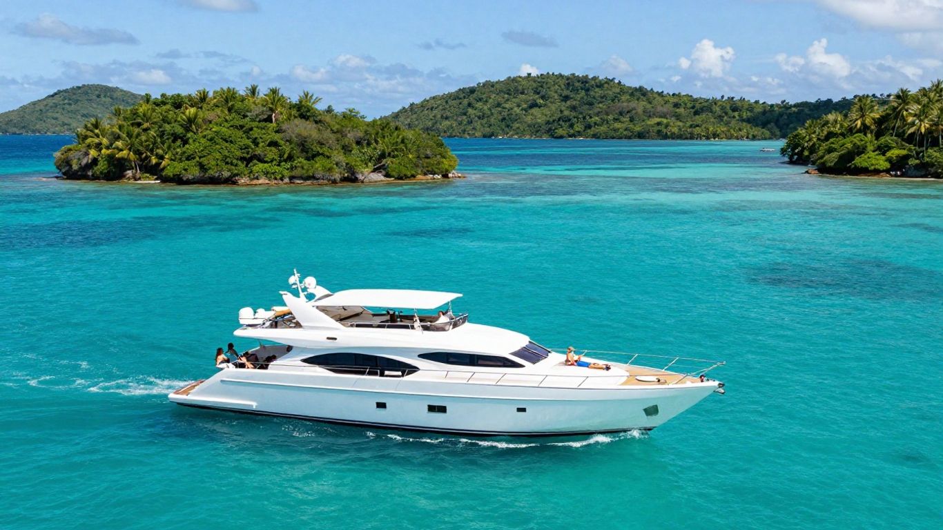 Luxurious yacht sailing on turquoise water near islands.