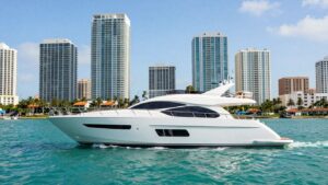 Luxury yacht sailing in Miami with skyline view.