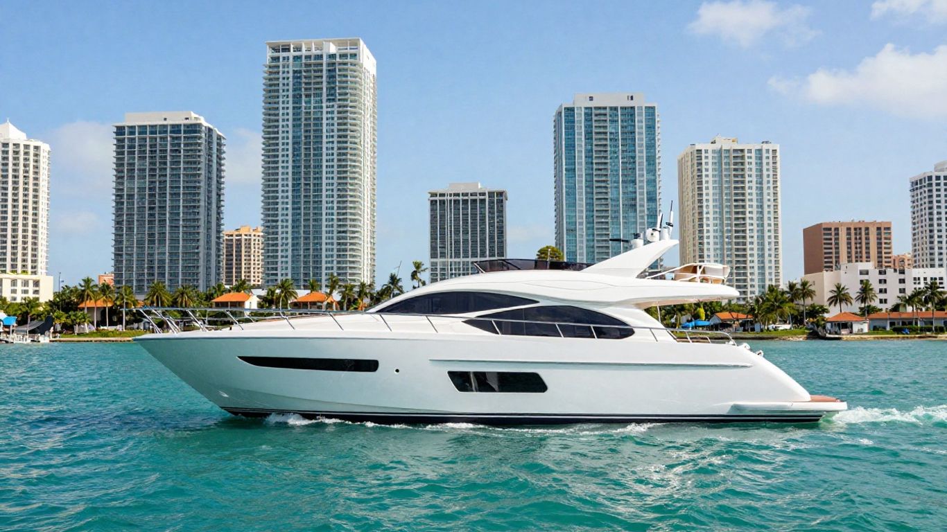 Luxury yacht sailing in Miami with skyline view.