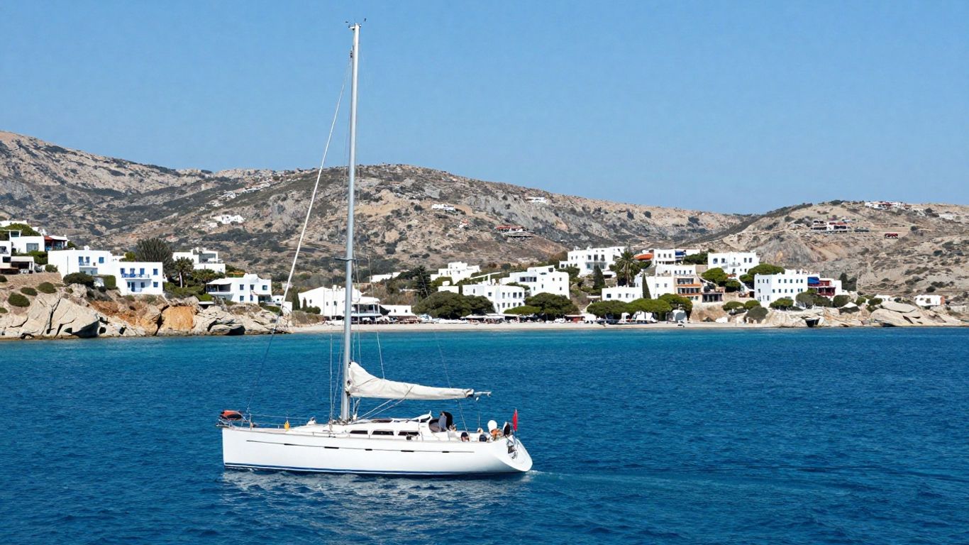 Sailboat on turquoise water near Greek island