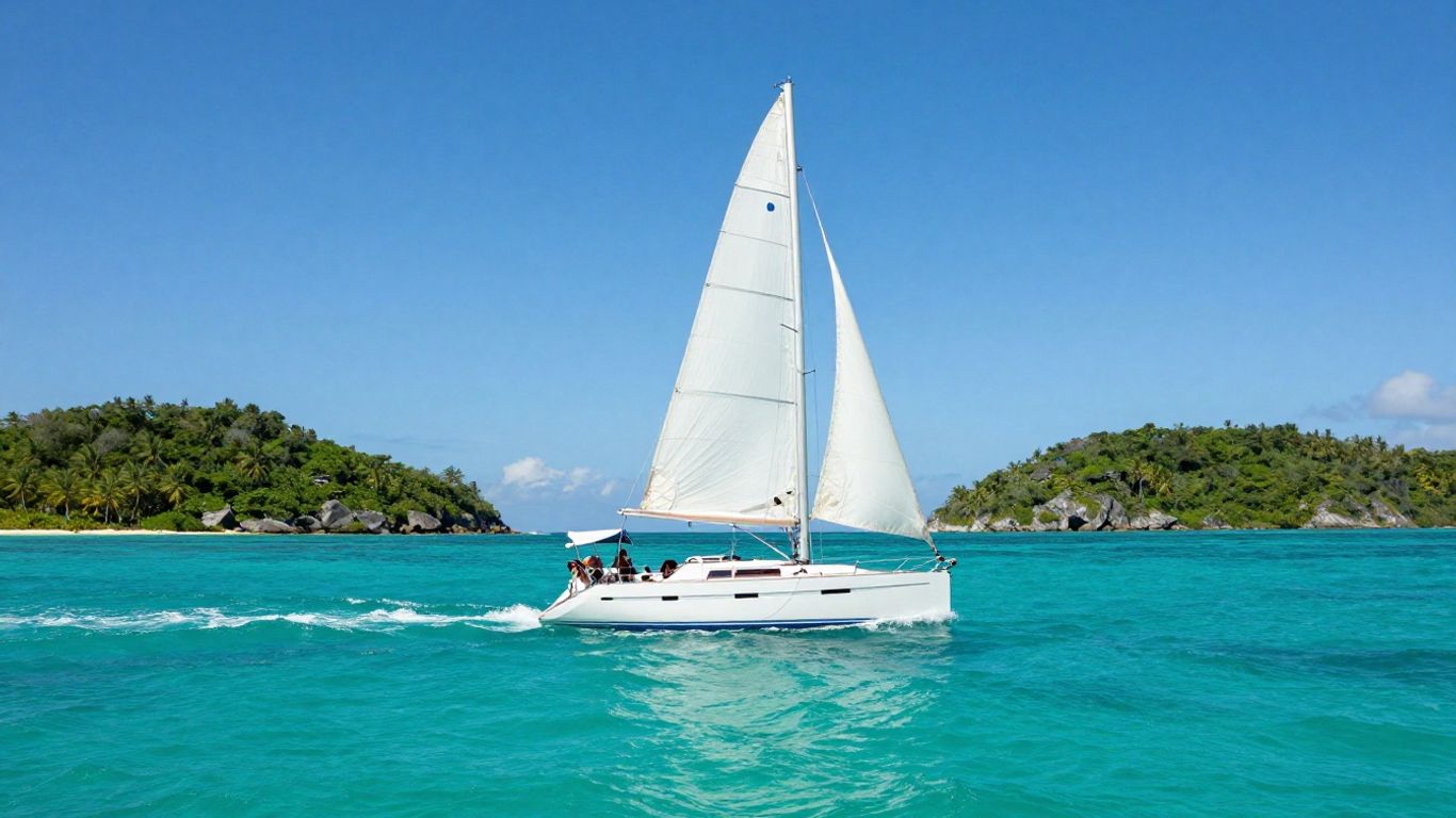 Sailboat on turquoise water near Bahamian islands.