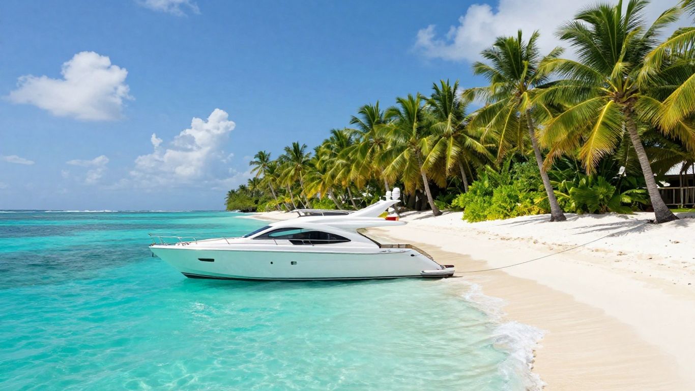 Luxury yacht sailing in clear turquoise Bahamian waters.