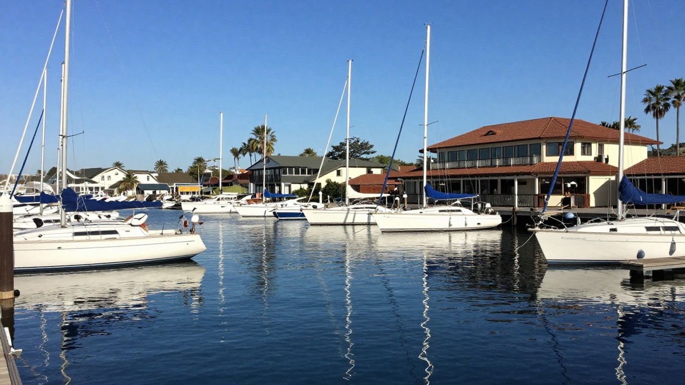 Newport Harbor Yacht Club with sailboats and building.