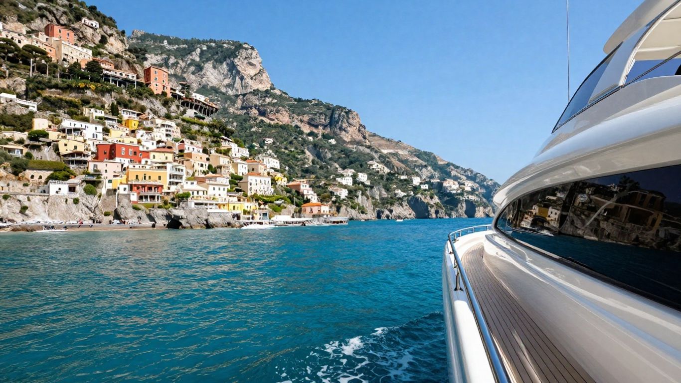 Luxury yacht sailing Amalfi Coast waters with cliffside villages.