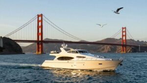 Yacht sailing San Francisco Bay with Golden Gate Bridge