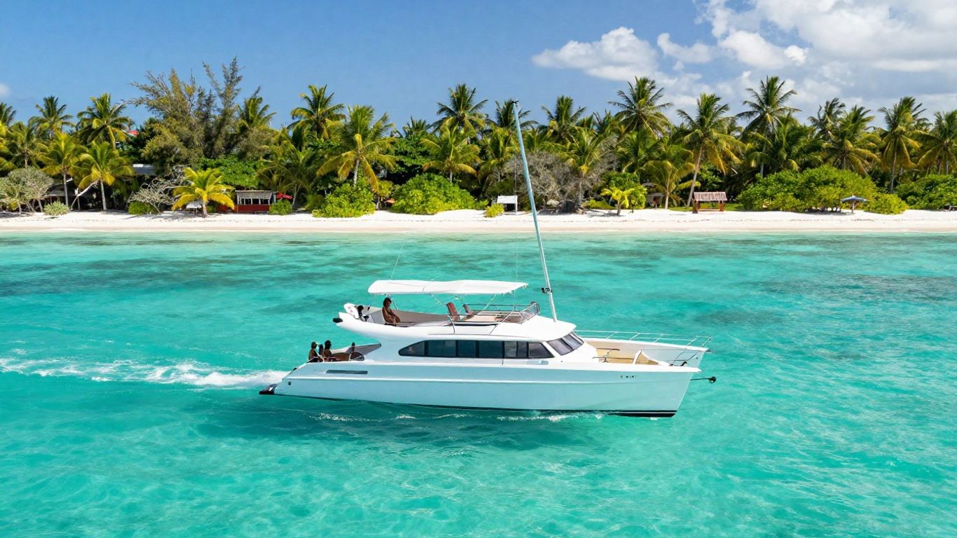 Catamaran sailing in Belize's turquoise waters near islands.