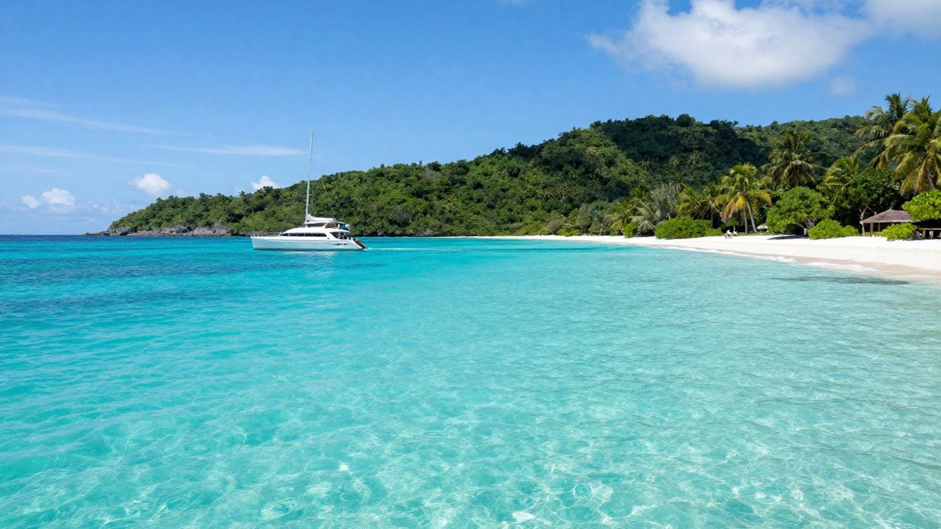 Luxury catamaran sailing in clear turquoise Bahamas waters.