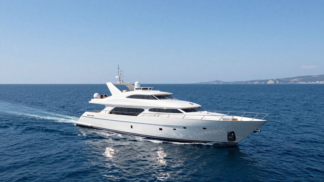 Luxurious Russian yacht sailing on a calm blue sea.