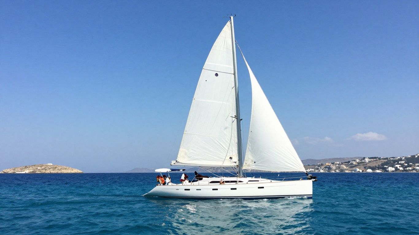 Sailboat on Aegean Sea near Greek islands.