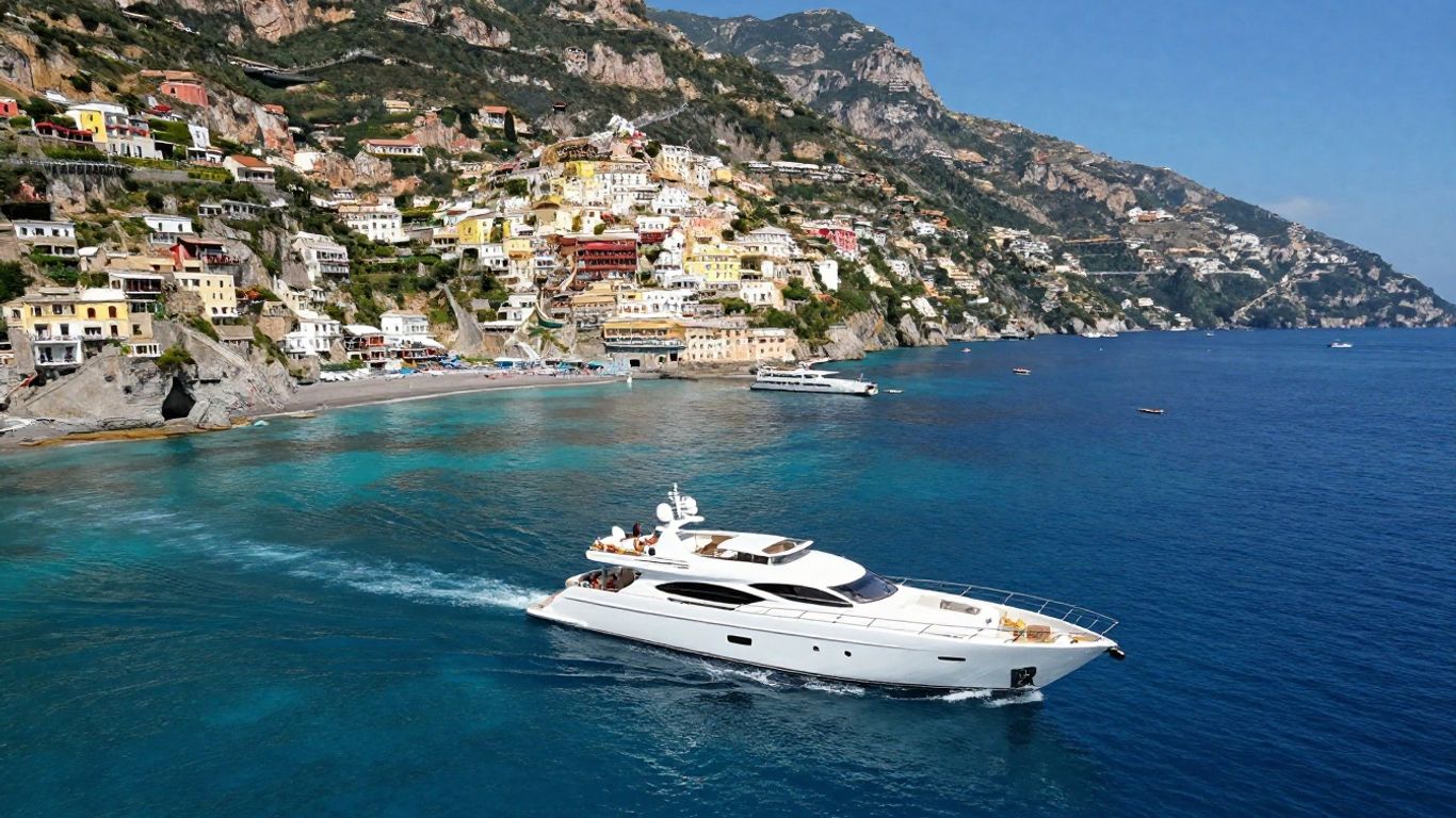 Luxury yacht sailing Italian coast with cliffs and villages.