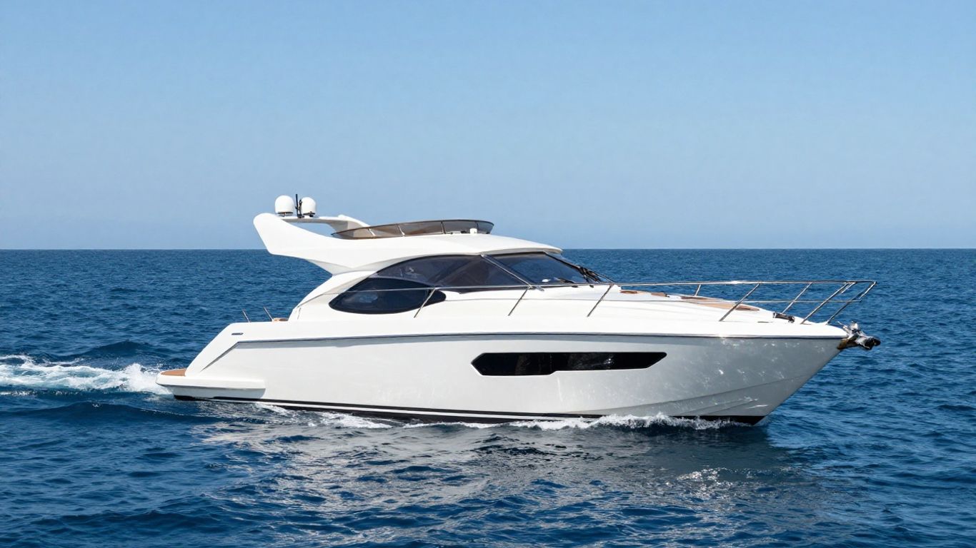 Sleek small yacht on calm azure sea.