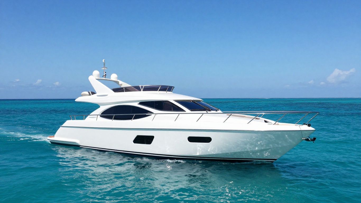 Luxurious yacht sailing on a clear blue ocean.