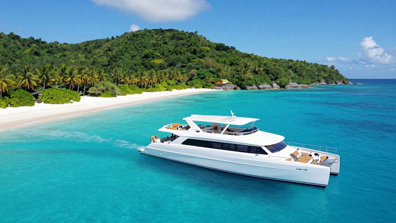 Catamaran sailing in the BVI with islands and beaches.