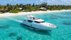 Luxury yacht sailing turquoise waters, Exumas, Bahamas.