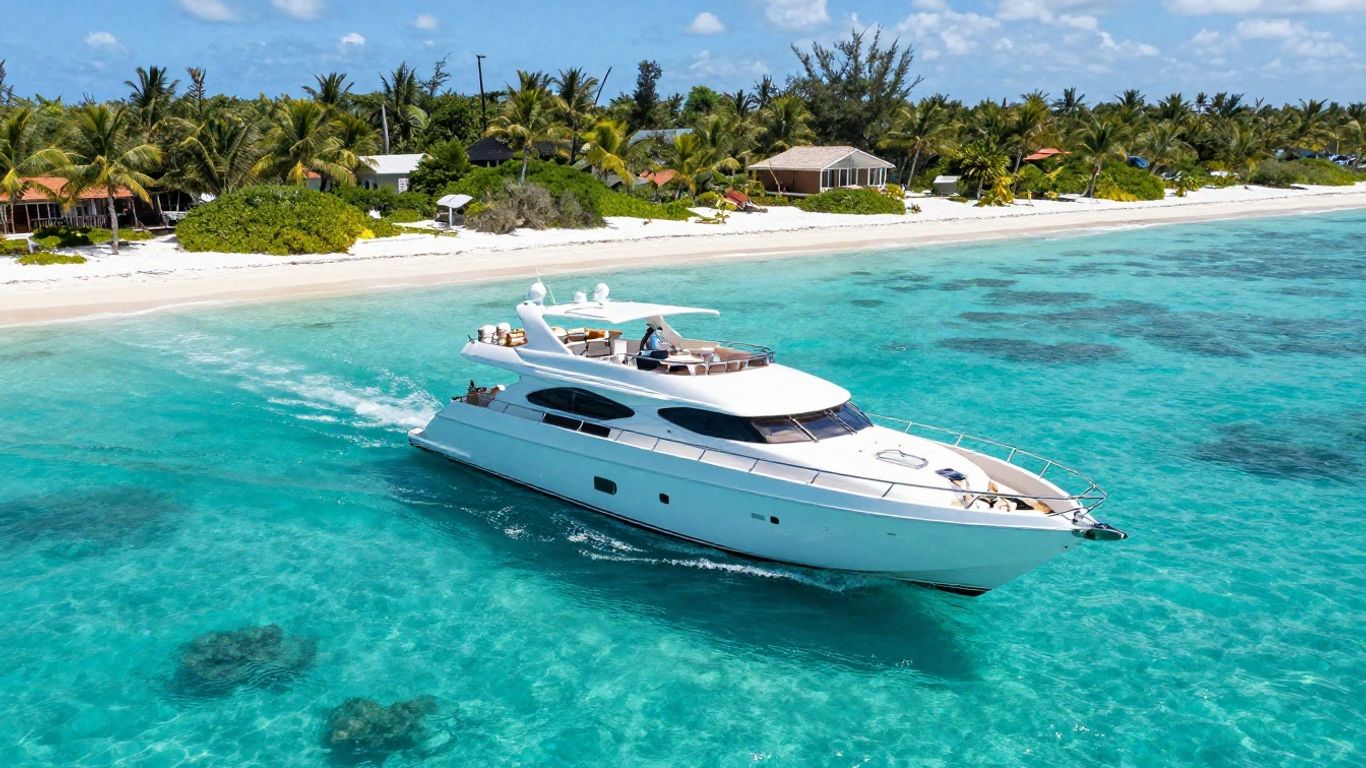 Luxury yacht sailing turquoise waters, Exumas, Bahamas.
