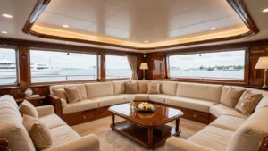 Kismet yacht interior design, luxurious main salon.