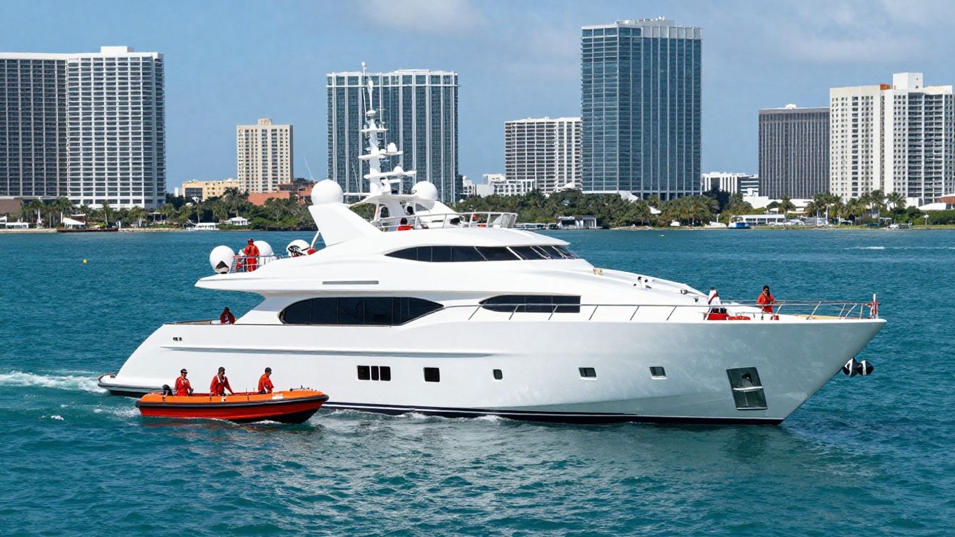 Luxury yacht sinking in Miami waters with rescue boats.