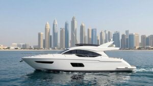 Luxury motor yacht sailing in Dubai waters.