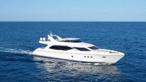 Luxury 50 passenger boat sailing on a clear blue ocean.