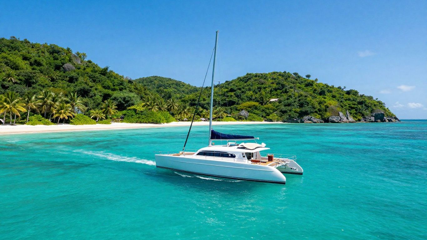 Catamaran sailing in clear blue waters of the BVI.