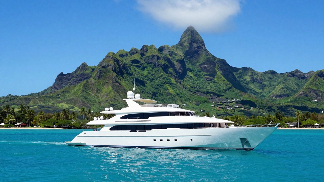 Luxury yacht sailing in Tahiti's turquoise waters.