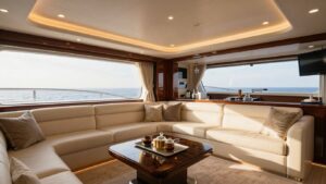 Interior of the Eros yacht, luxurious and elegant.