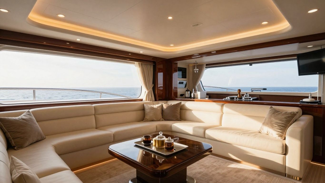 Interior of the Eros yacht, luxurious and elegant.