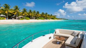 Charter yacht sailing to a tropical island in the Bahamas.