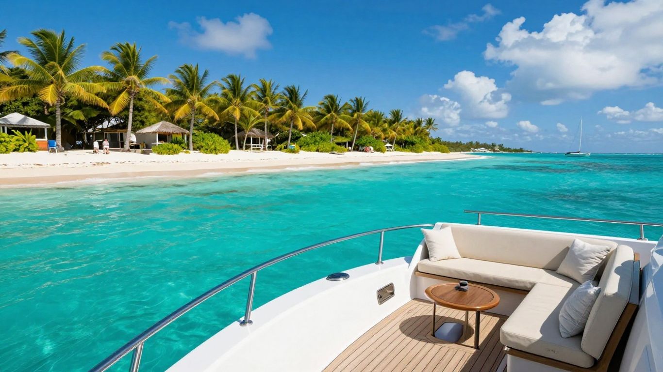 Charter yacht sailing to a tropical island in the Bahamas.
