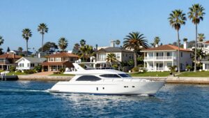 Luxury yacht sailing Newport Beach coastline